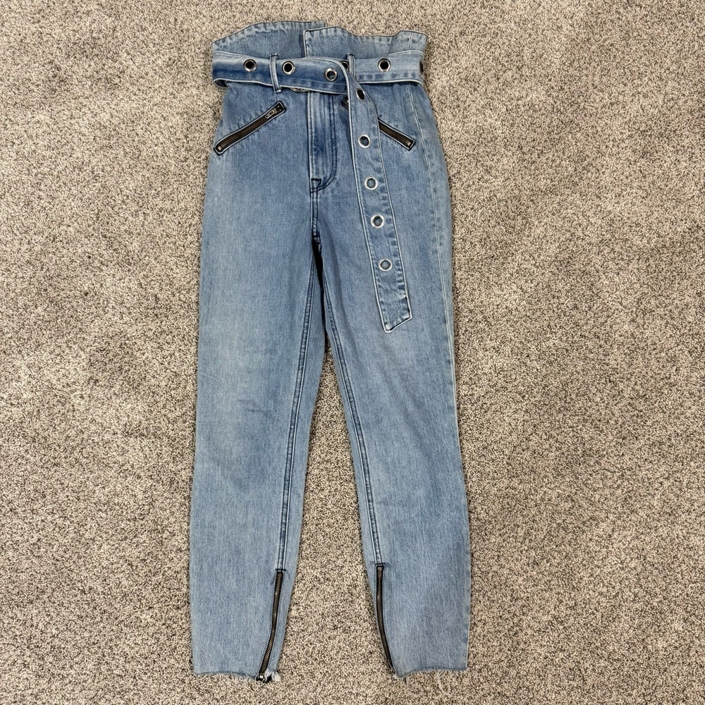 GRLFRND $328 ‘Mia’ Paperbag Belted Skinny Jeans Light Wash High Rise Women’s 25 - Picture 2 of 13